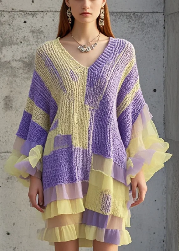 Extra Savings Casual Purple Ruffled Patchwork Knit Sweater Dress Fall