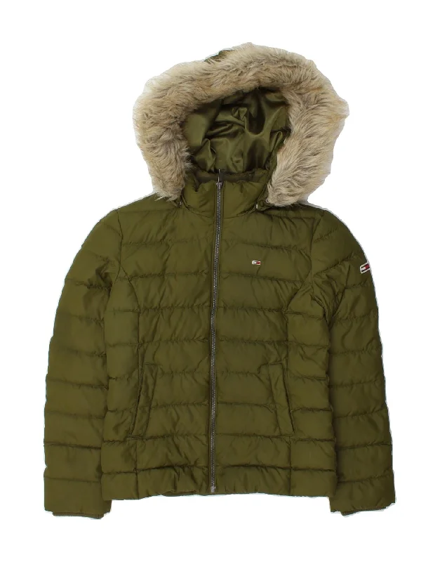 Super Sale TOMMY HILFIGER Womens Hooded Padded Jacket UK 10 Small Khaki Polyester