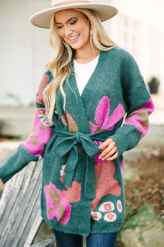 Super Bargain Tell Me More Hunter Green Floral Cardigan