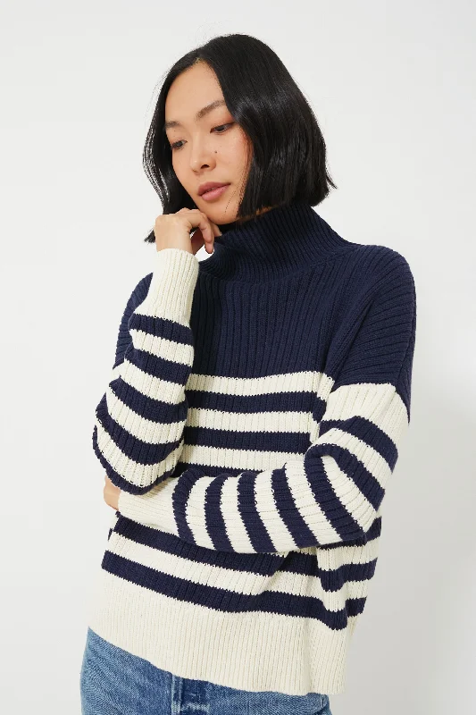 Price Slash Navy Colorblock Stripe Organic Carolyn Funnel Neck Sweater