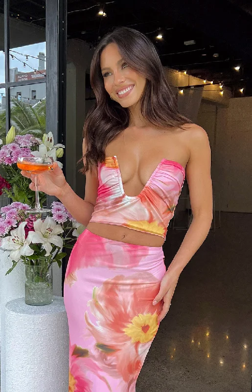 Early Access Esha Pink Floral Strapless Crop Top