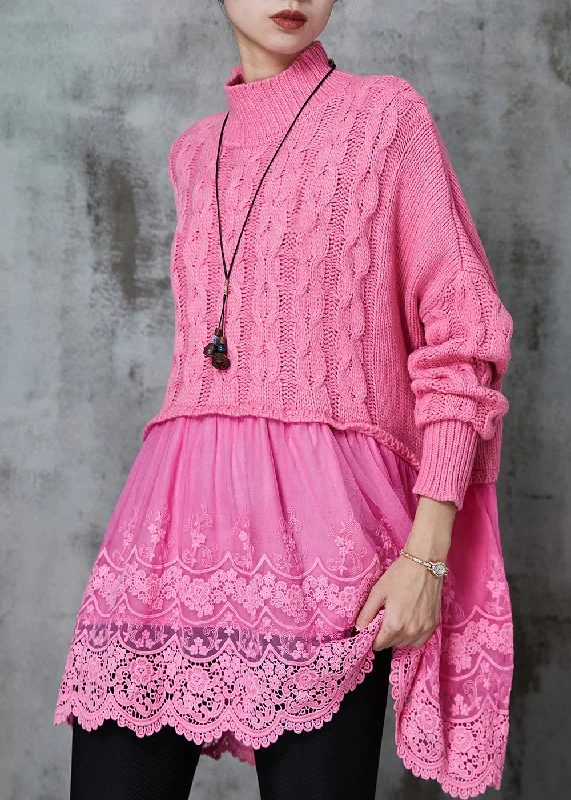 Super Sale Modern Pink Oversized Patchwork Knit Long Sweater Spring