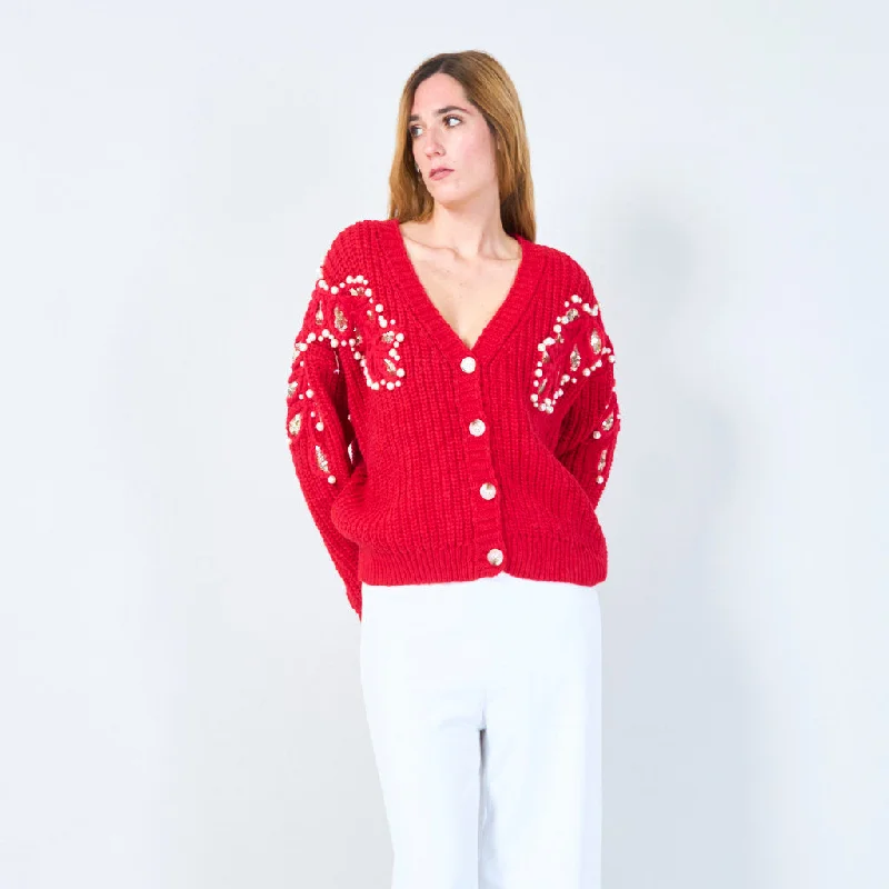 Quick Deals Pearl and sequin embellished knit cardigan wholesale