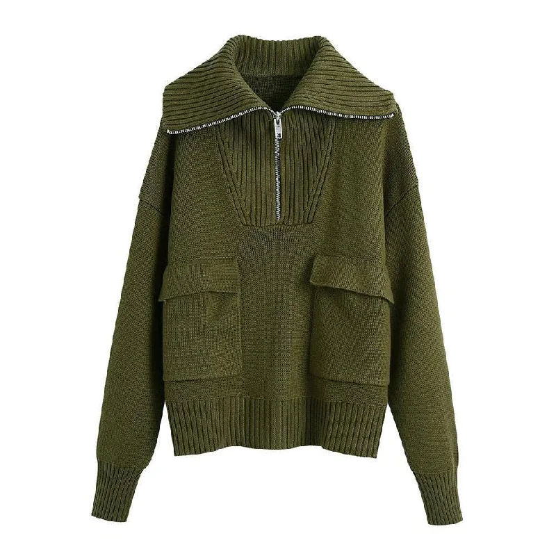 Quick Sale Flap Pockets Turtleneck Sweaters For Women