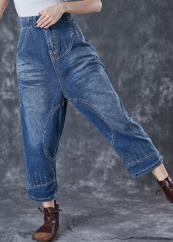 Midnight Madness Modern Denim Blue Elastic Waist Pockets Cotton Harem Pants Fall