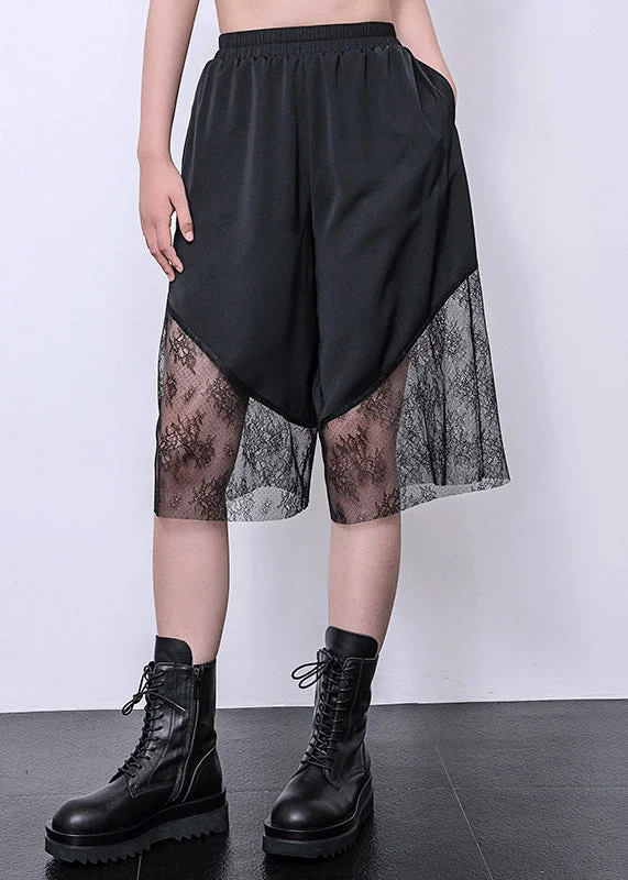 Price Slash Casual Black Lace Patchwork Chiffon Crop Wide Leg Pants Summer