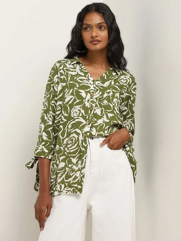 Special Offer LOV Green Floral Print Crystal Shirt