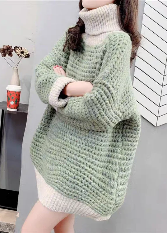 Special Price Modern Green Hign Neck Thick Patchwork Knit Sweaters Spring