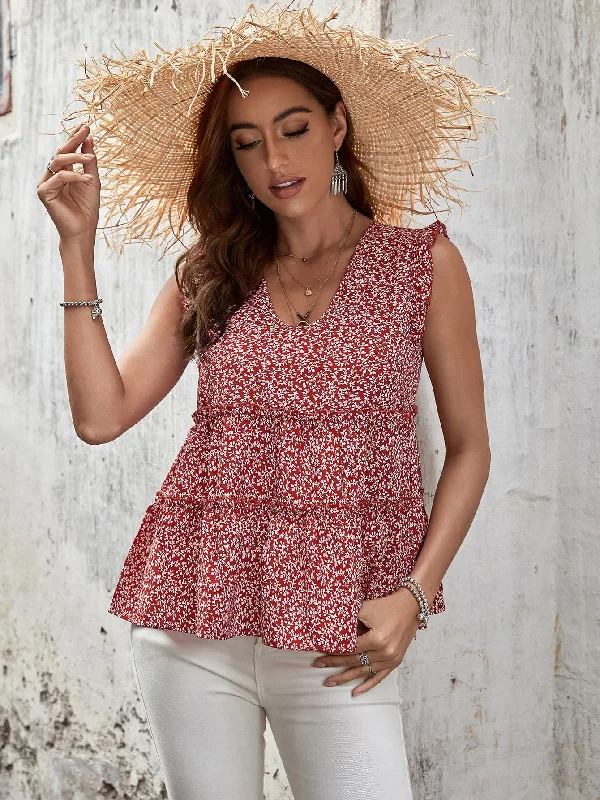 Extra Discounts Printed Frill Trim V-Neck Blouse