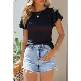 Amazing Deals Black Ruffled Short Sleeve Shirt