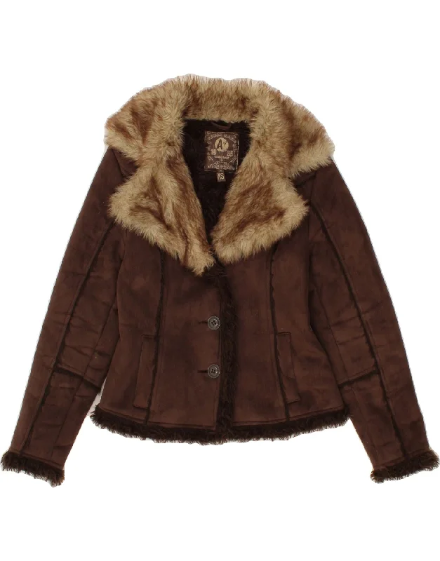 New Deals VINTAGE Womens Sherpa Jacket UK 6 XS Brown Polyester