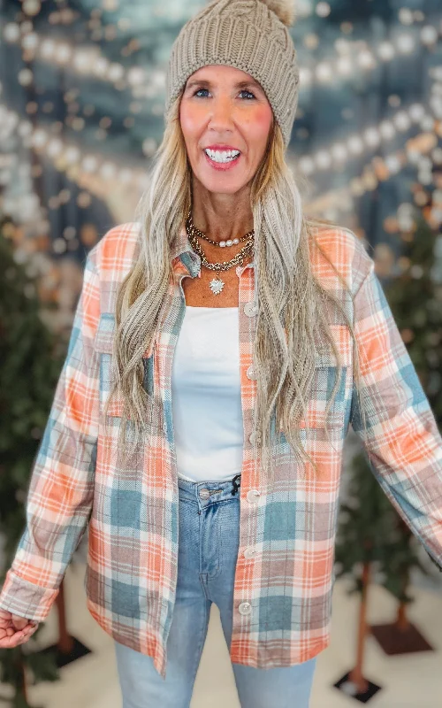 Stock Up and Save Forever Favorite Plaid Shacket in Orange Green Mocha #4 | Salty Wave  *