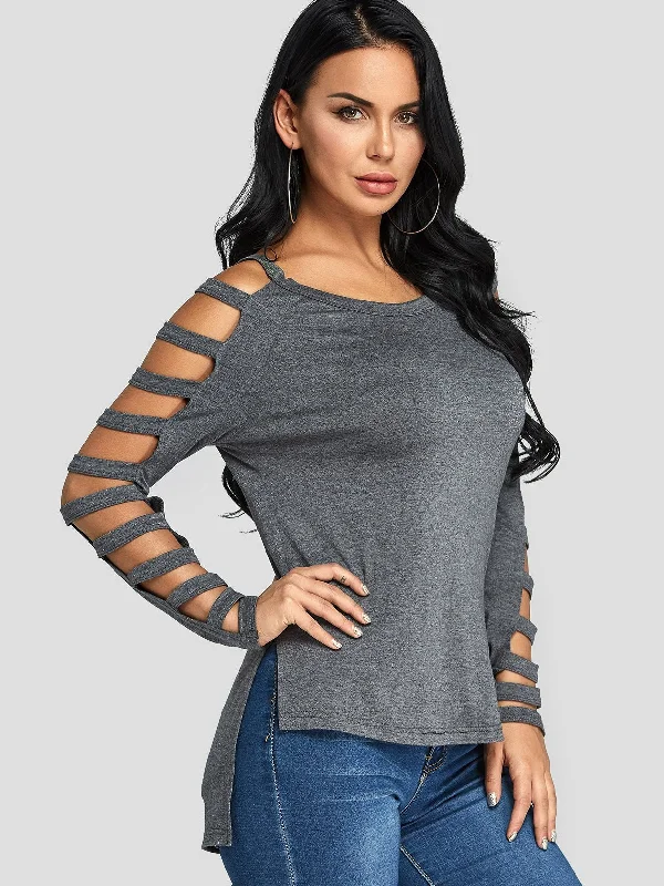 Closeout Deal Custom Scoop Neck Plain Cut Out Slit Long Sleeve High-Low Hem Grey T-Shirts