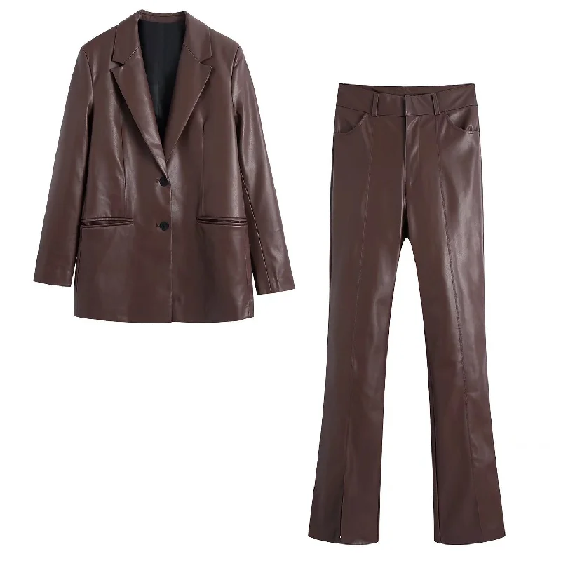Huge Discounts Women's European And American Style PU Leather And Leather Pants Suit