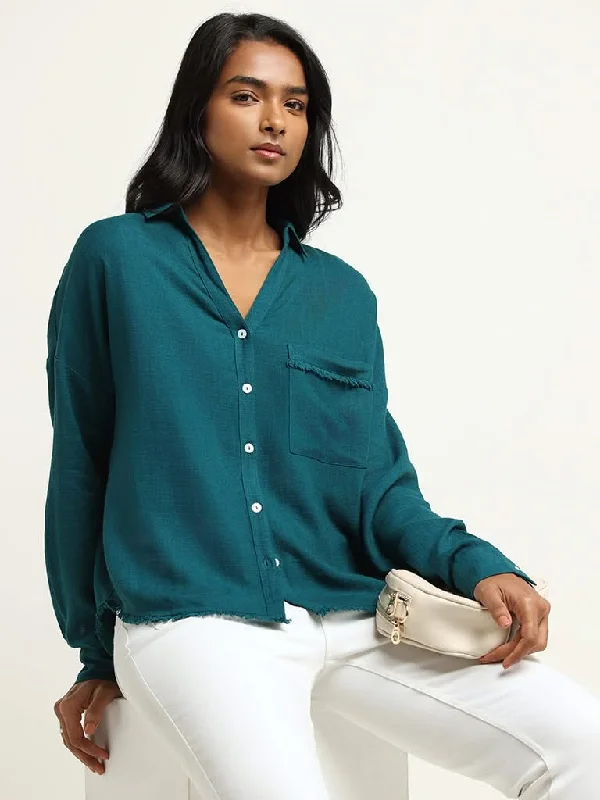 Amazing Value LOV Solid Teal Blended Linen Shirt