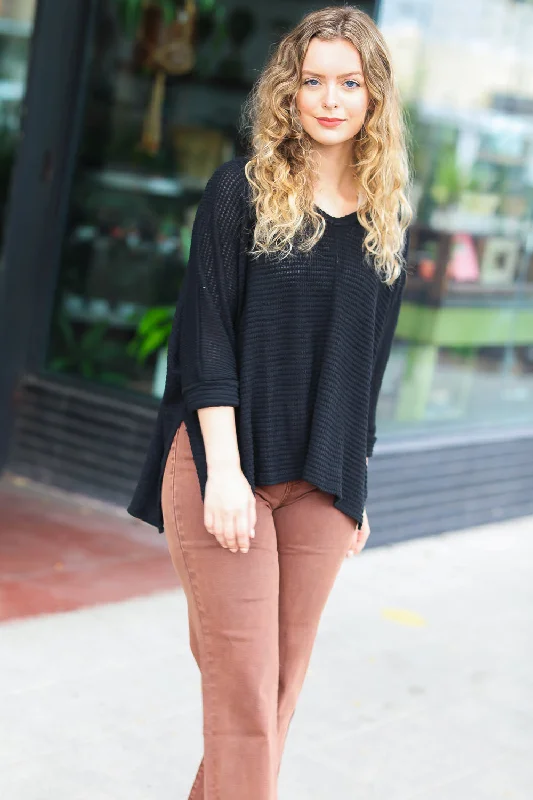 One-DAY Sale Black Jacquard Hi-Low V Neck Sweater