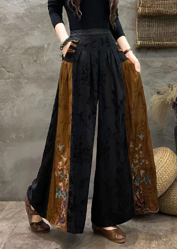 Year-End Clearance Plus Size Black Embroideried Patchwork Pockets Silk Crop Pants Fall