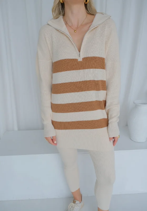 Weekend Shopping Extravaganza Miann & Co Womens - Maisie Quarter Zip Knitted Jumper - Café au Lait Stripe