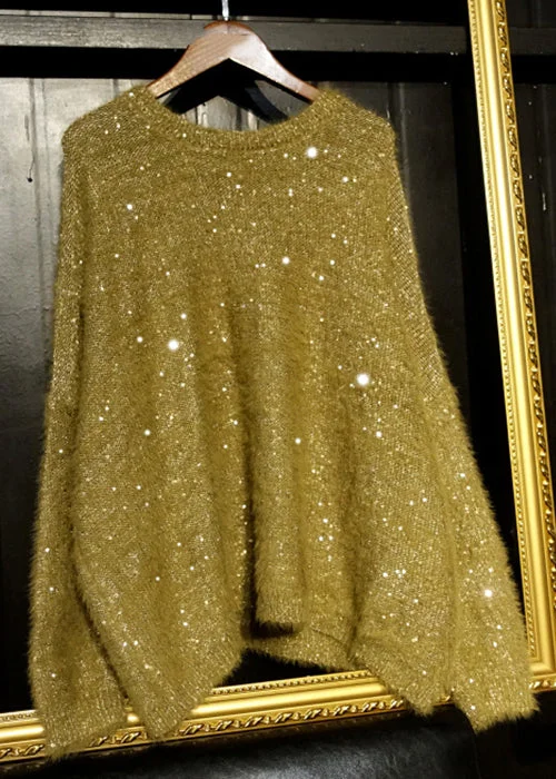 Don't Miss Loose Yellow O Neck Sequins Low High Design Knit Top Long Sleeve