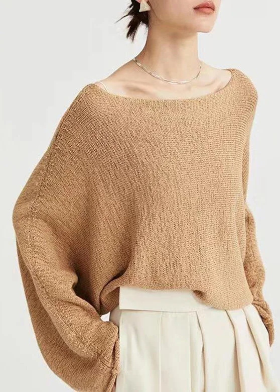 Savings Galore Handmade Camel Slash Neck Hollow Out Knit Top Long Sleeve