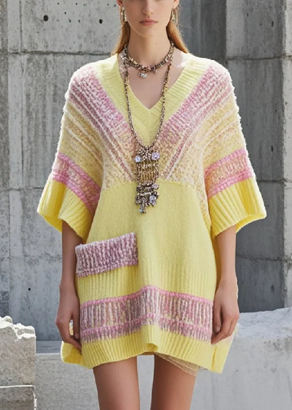 Act Fast Art Yellow Oversized Patchwork Knit Long Sweater Short Sleeve