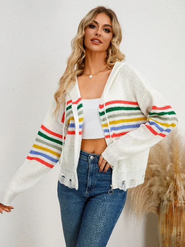 Weekend Savings Fiesta Drawstring Striped Dropped Shoulder Hooded Cardigan