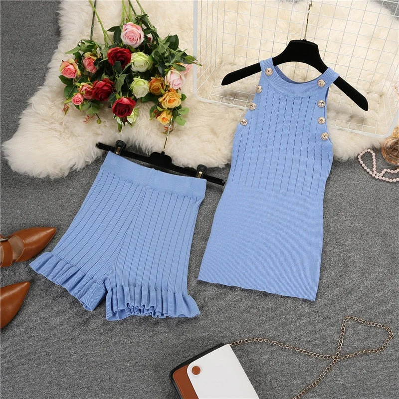 Early Access Amolapha Women Summer Knit Vest Shorts Suits Sleeveless Buttons Tops Short Pants Clothing Sets
