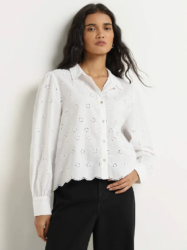 Online Deal LOV White Cotton Schiffli Detailed Shirt