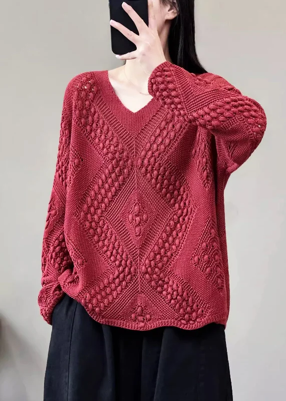 Best Choice Simple Red Solid V Neck Cotton Knit Sweaters Long Sleeve