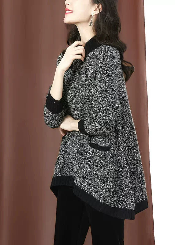 Grand Opening Sale Unique Black Half Hign Neck Pockets Low High Design Knit Sweaters Spring
