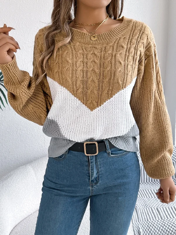 Great Deals Cable-Knit Color Block Round Neck Sweater