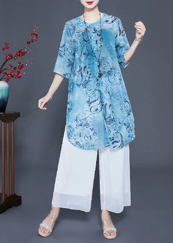 Limited Supply Women Blue Print Oversized Side Open Long Shirts And Pants Two-Piece Set Summer