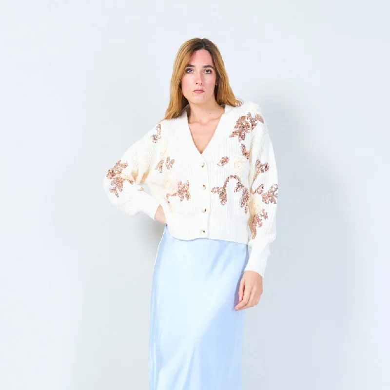 One-DAY Sale Floral applique sequin cardigan wholesale