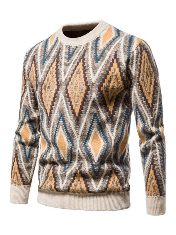 Year-End Deals Diamond Jacquard Men Crew Neck Pullover Sweater