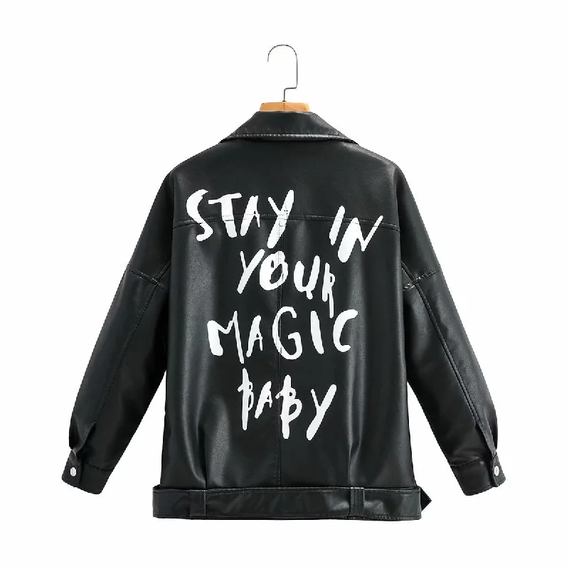 Big Discounts Female Alphabet Zipper Casual Fashion Leather Jacket