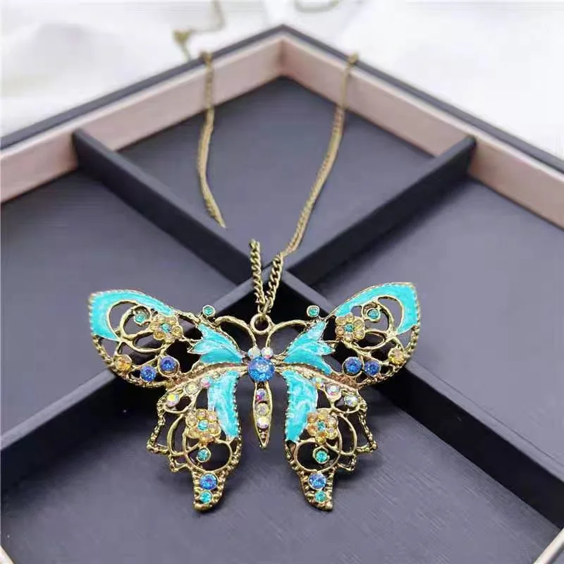 Super Sale Vintage Sterling Silver Alloy Crysta Drop Oil Bronze Butterfly Pendant Sweater