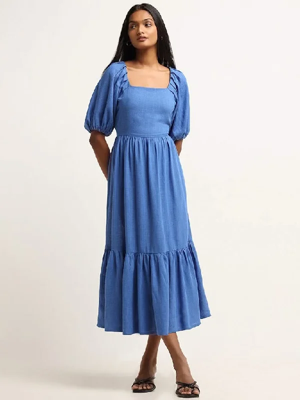 Incredible Offers LOV Solid Blue Tiered Blended Linen Maxi Dress