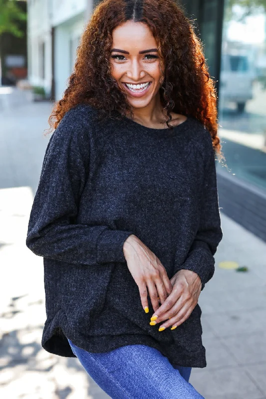 Weekend Offers That Excite Charcoal Ribbed Brushed Hacci Sweater