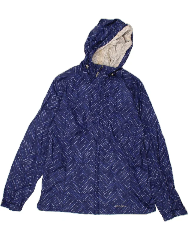 YEAR-End Clearance EDDIE BAUER Womens Hooded Rain Jacket UK 12 Medium Navy Blue Chevron Nylon
