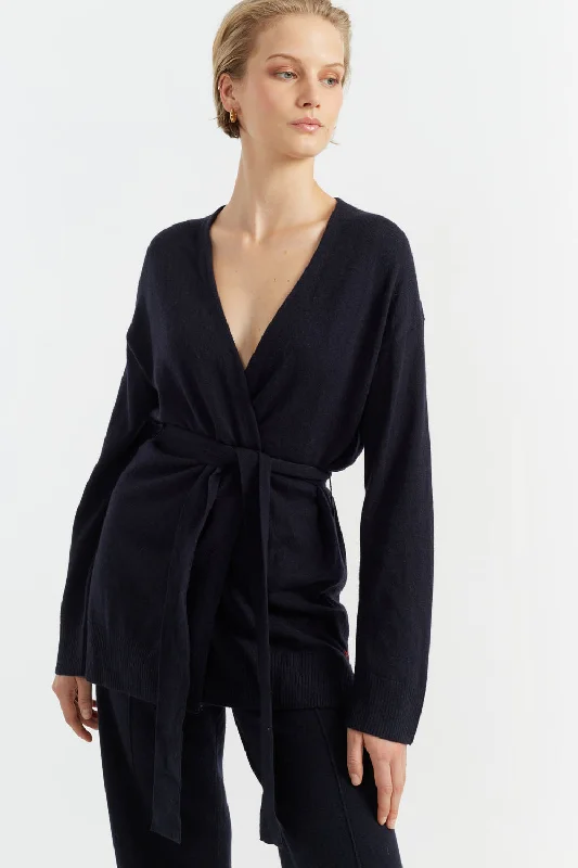 Mega Sale Navy Wool-Cashmere Belted Cardigan