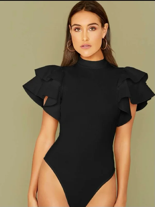 Online Exclusive Black Mock Neck Ruffle Sleeve Bodysuit
