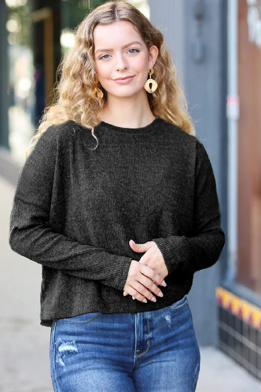 Deep Savings Black Ribbed Dolman Cropped Sweater