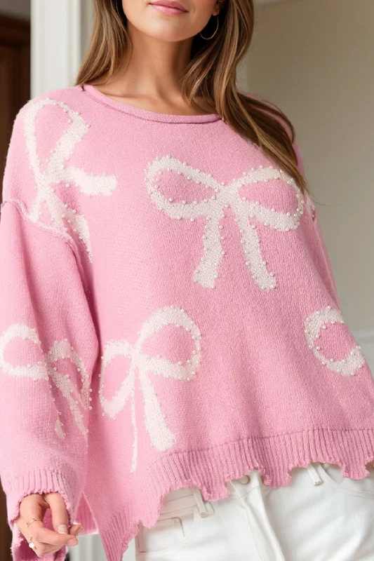 Markdowns Pearl Detail Bow Round Neck Long Sleeve Sweater