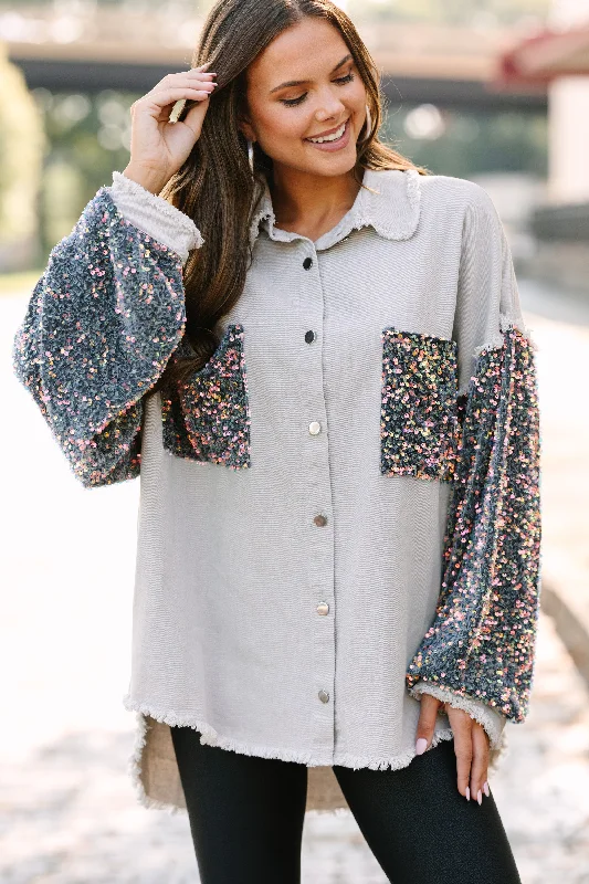 New Deals Let's Go Light Gray Sequin Sleeve Shacket