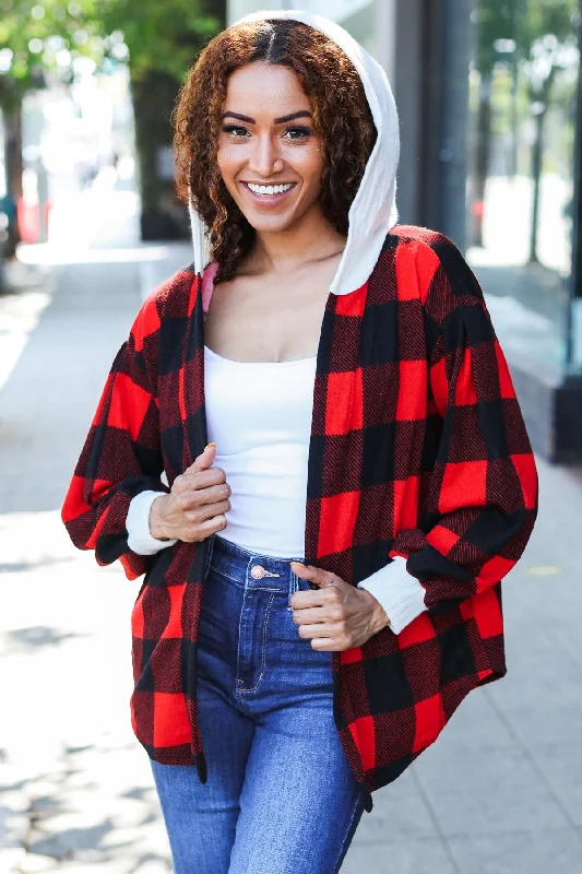 Weekend Deals to Make You Happy Red Buffalo Plaid Ribbed Hooded Sweater