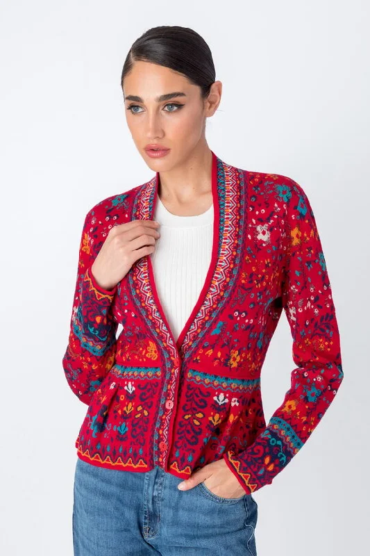Weekend Deals That Dazzle V Neck Jacket, Floral Pattern - Red