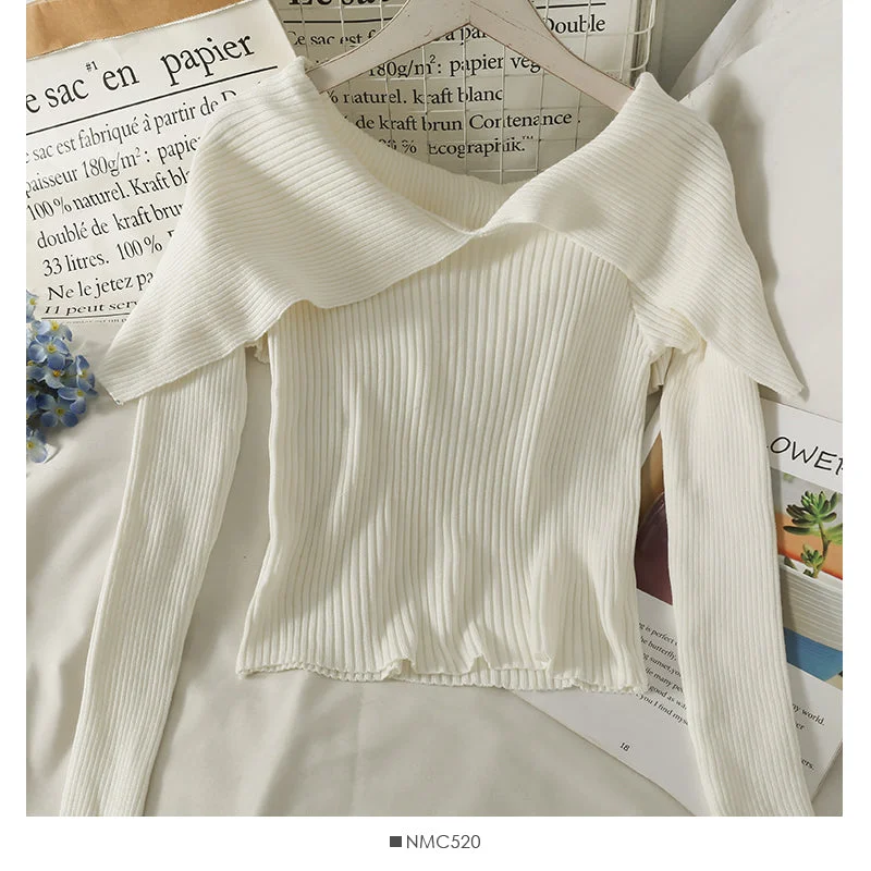 Closeout French minority design, one line shoulder with clavicle exposed, short long sleeve T-shirt  2083