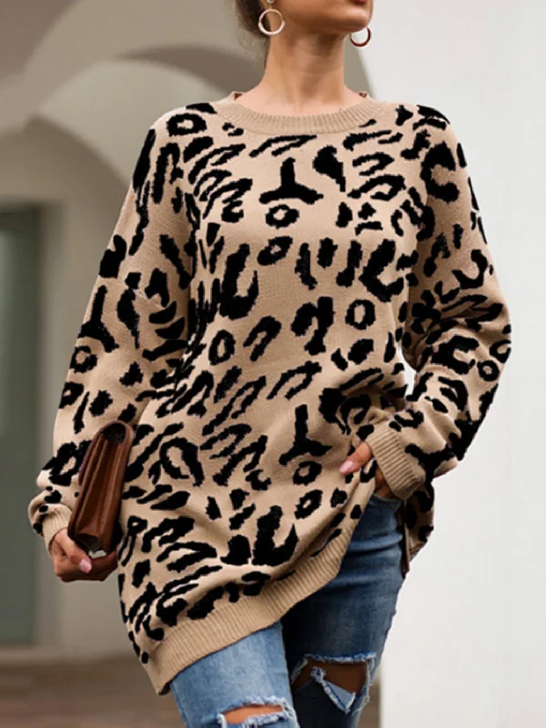 Weekend Flash Sale Leopard Round Neck Tunic Sweater