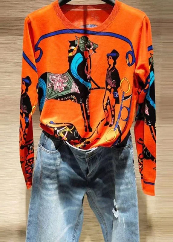 Weekend Deals That Dazzle Stylish Orange Print Knit Sweater Long Sleeve