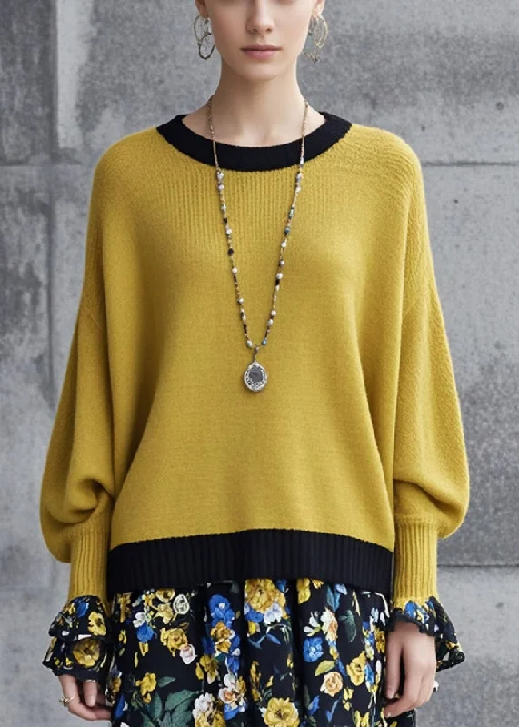 Great Bargains Elegant Yellow Oversized Patchwork Knit Sweaters Fall